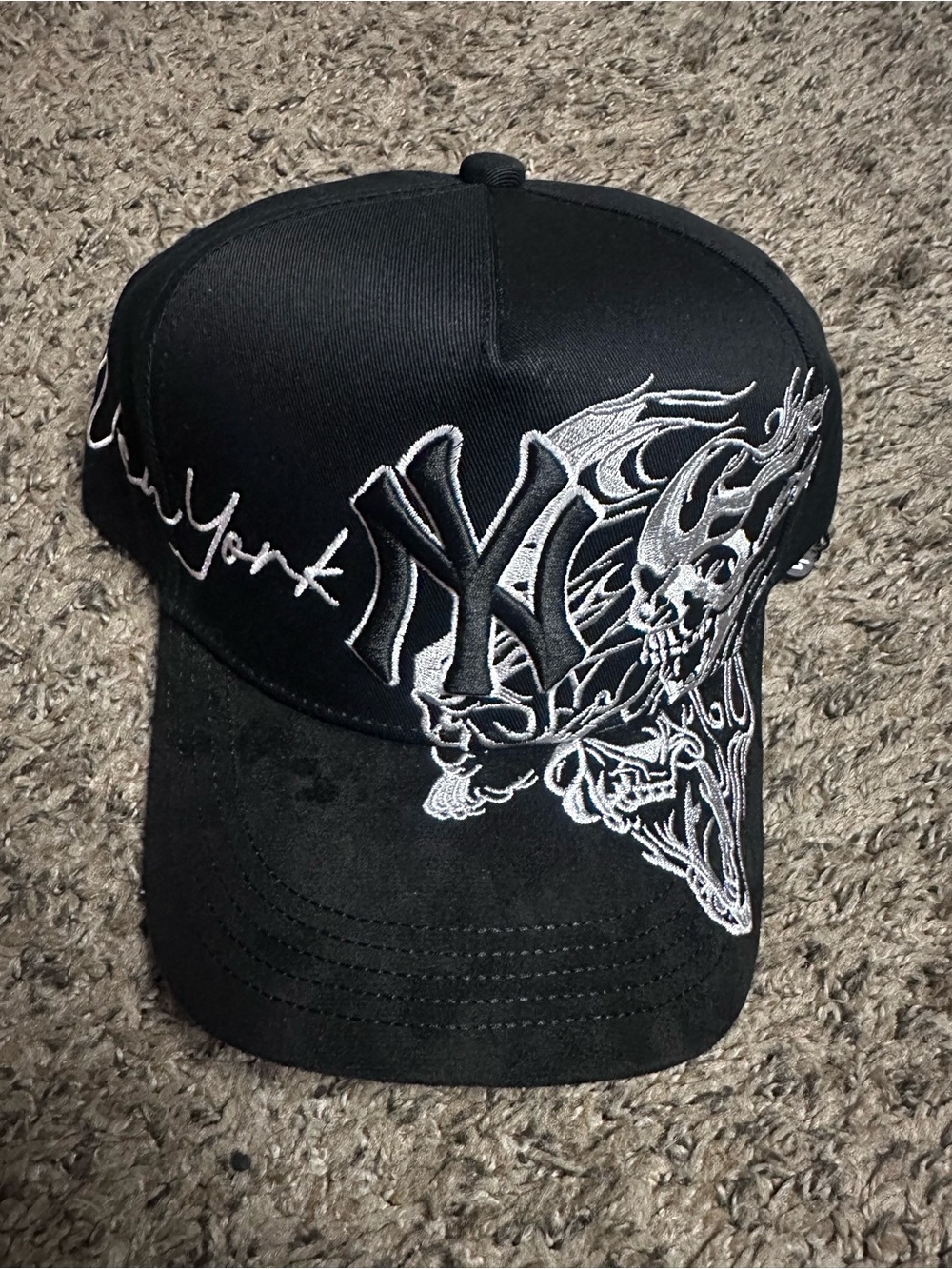 New York Embroidered Black Baseball Cap with Skull Detail